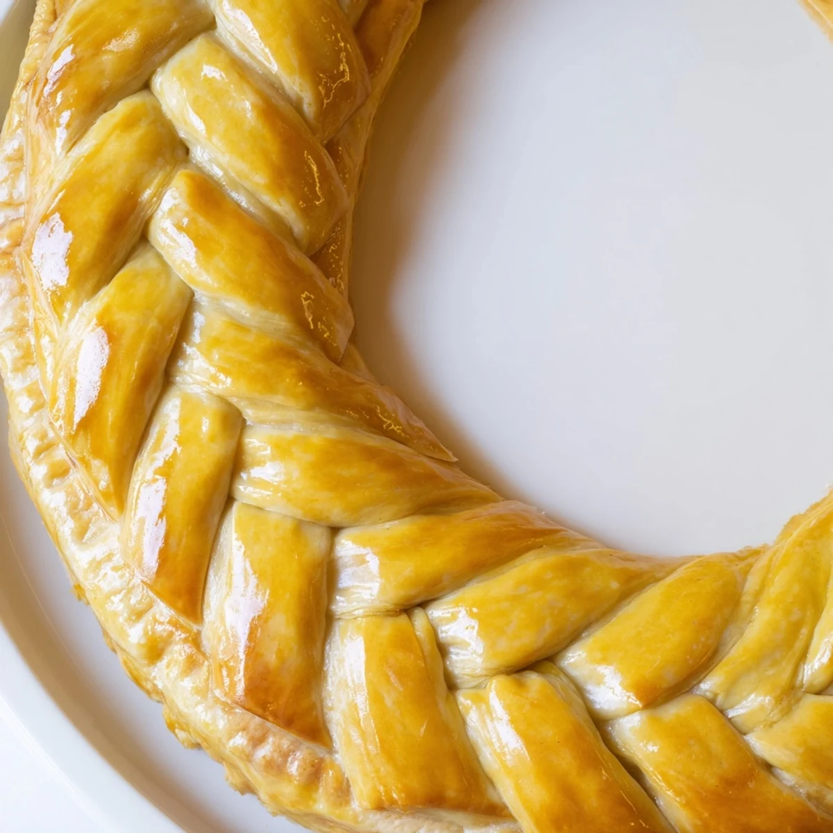 Close-up view of woven Fishtail Braid Pie Crust decorating a golden baked pie rim