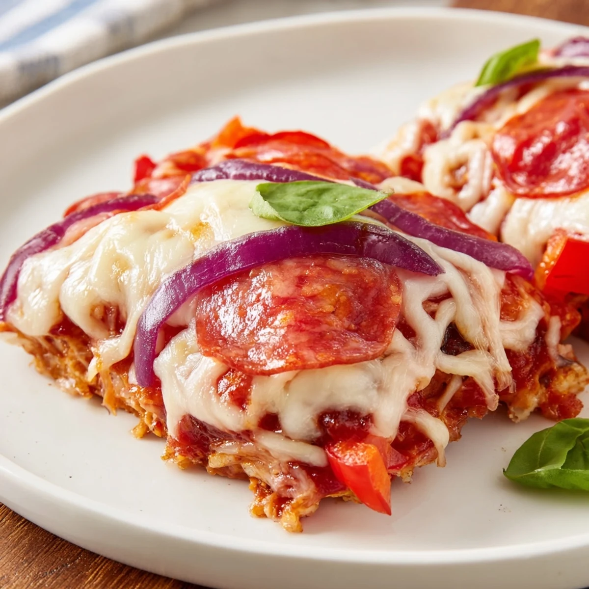 Low-carb chicken crust pizza featuring bubbly cheese, vegetables, and savory Italian seasonings