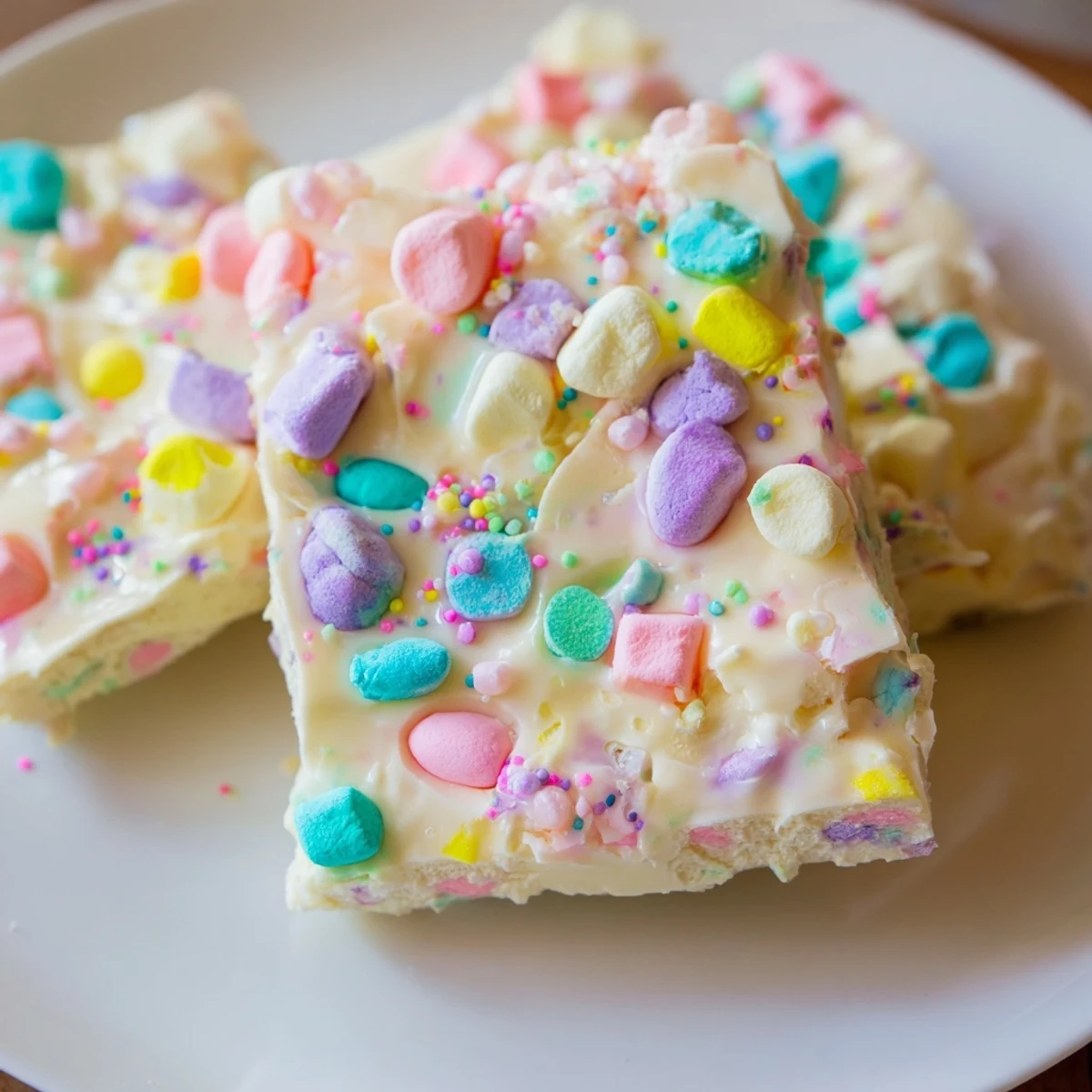 Creamy white chocolate Easter marshmallow bark topped with pastel candy eggs and colorful sprinkles