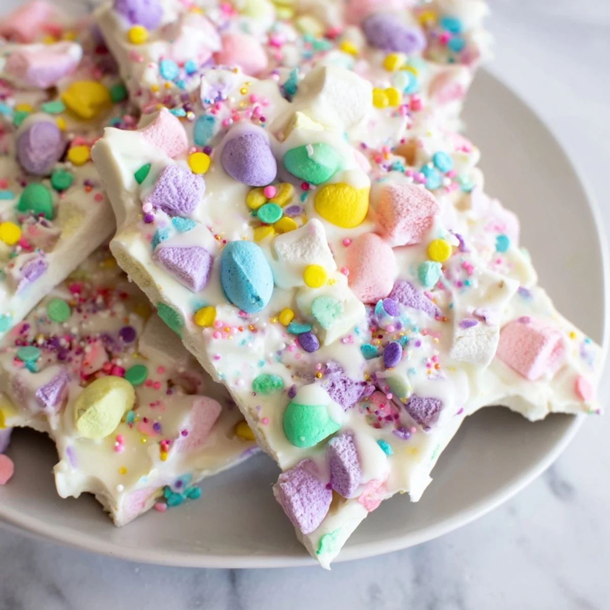 Festive Easter marshmallow bark broken into pieces revealing colorful marshmallows and sweet chocolate layers