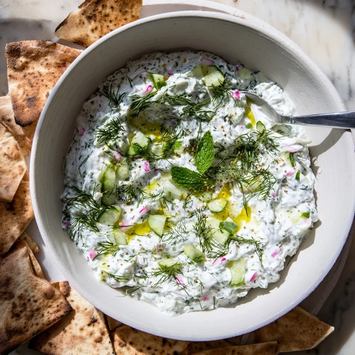 Creamy healthy radish tzatziki dip topped with fresh dill in a white serving bowl