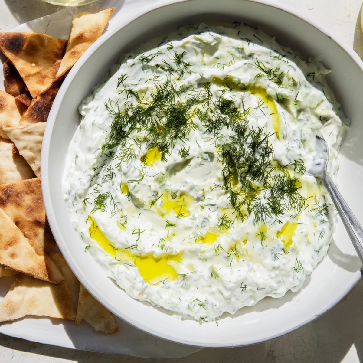 Vibrant Mediterranean healthy radish tzatziki dip with crisp grated vegetables and Greek yogurt