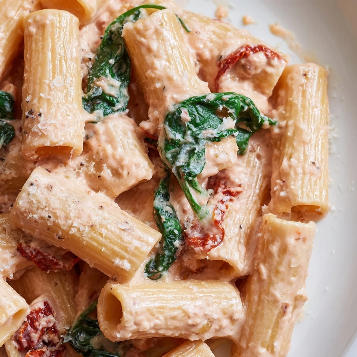 Creamy sun dried tomato spinach pasta in a rustic skillet with vibrant green wilted leaves