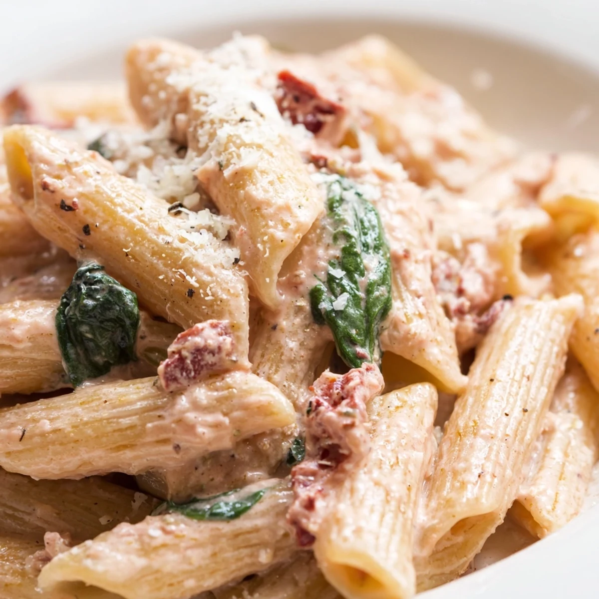 One pan creamy sun dried tomato spinach pasta coated in velvety pink sauce