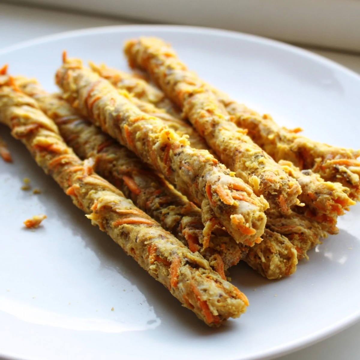 Oven-baked apple and carrot dog chew sticks with a firm crunchy texture dogs love