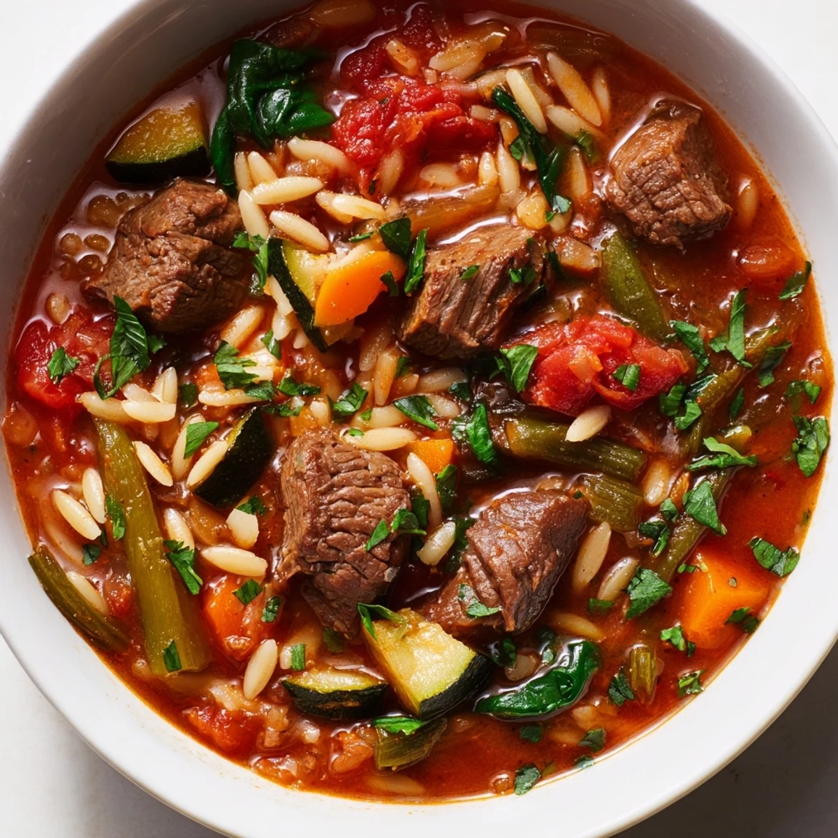 Hearty beef and orzo soup with tender meat and colorful vegetables in steaming savory broth
