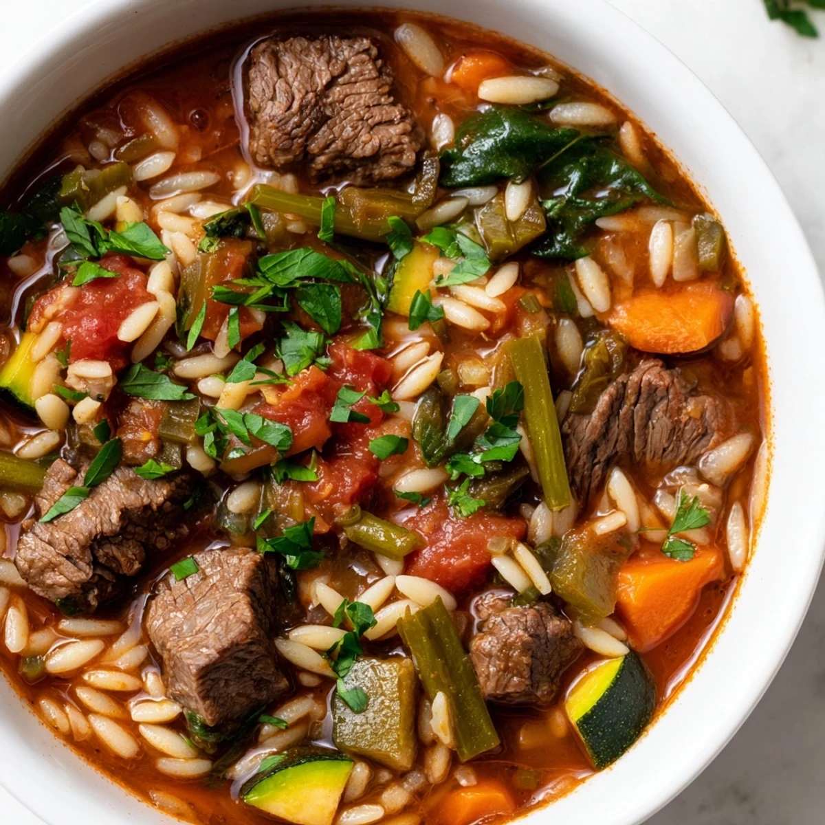 Rustic bowl of hearty beef and orzo soup garnished with fresh parsley and garden vegetables