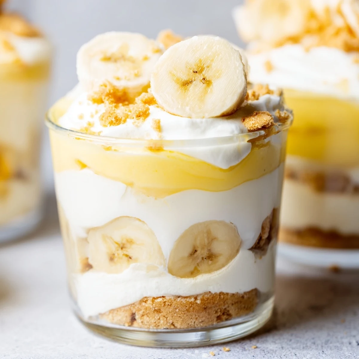 Creamy no bake banana pudding cheesecake cups topped with fresh banana slices and vanilla wafer crumbs