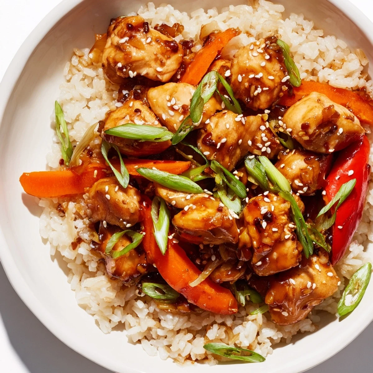 Glossy One Pan Korean BBQ Chicken and Rice in a cast iron skillet with sesame garnish