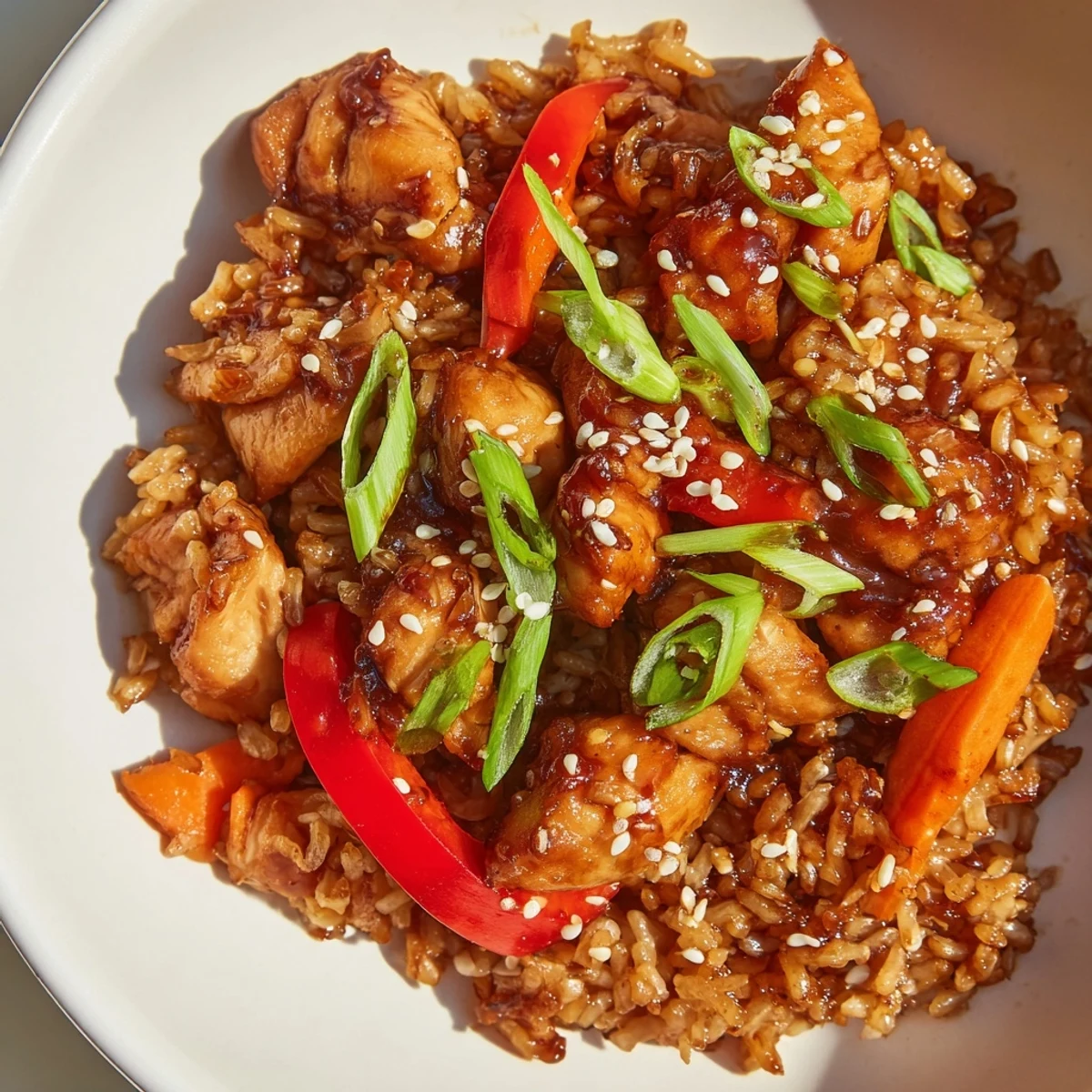 One Pan Korean BBQ Chicken and Rice topped with fresh scallions and sesame seeds