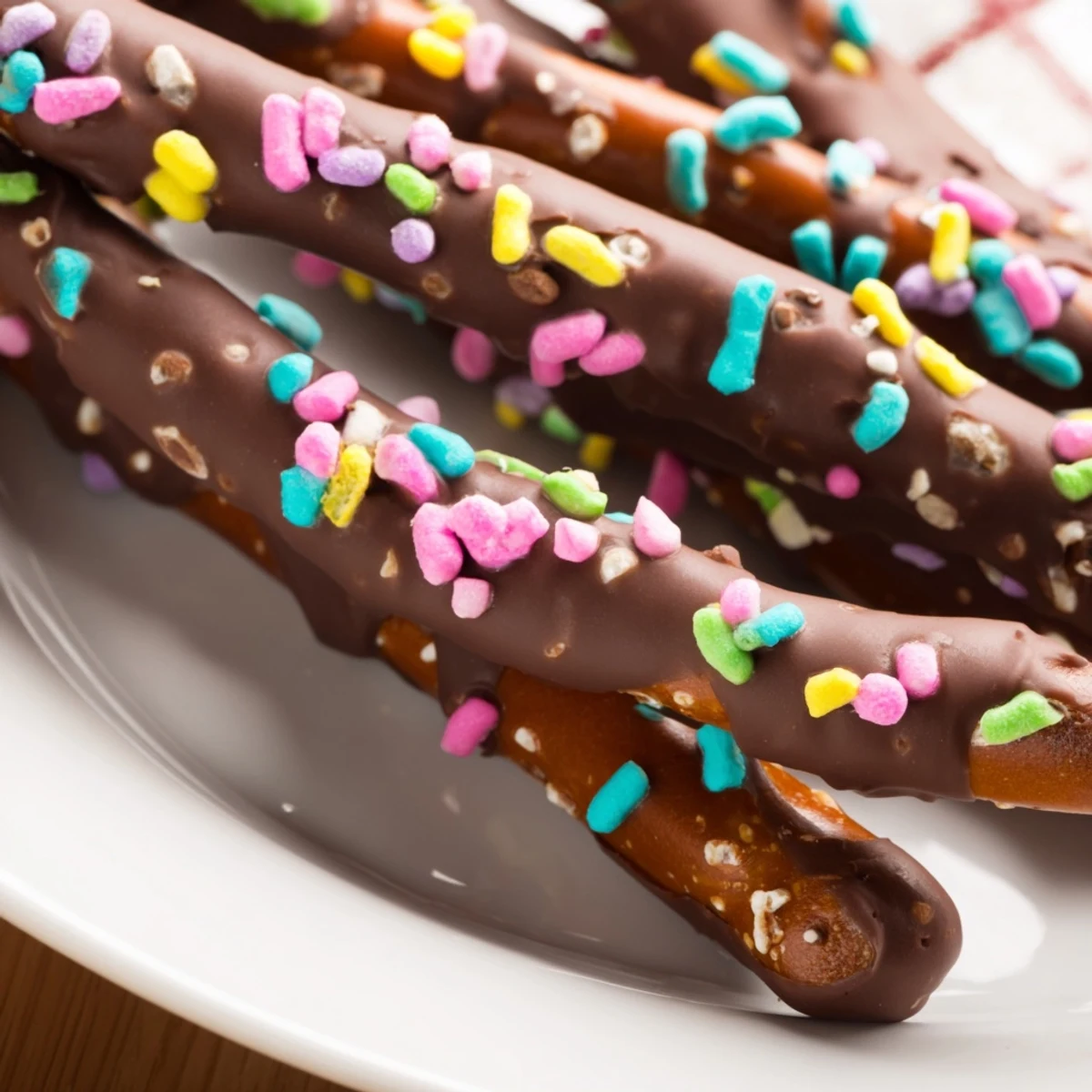 Chocolate covered pretzels for Easter arranged on parchment with pastel sprinkles