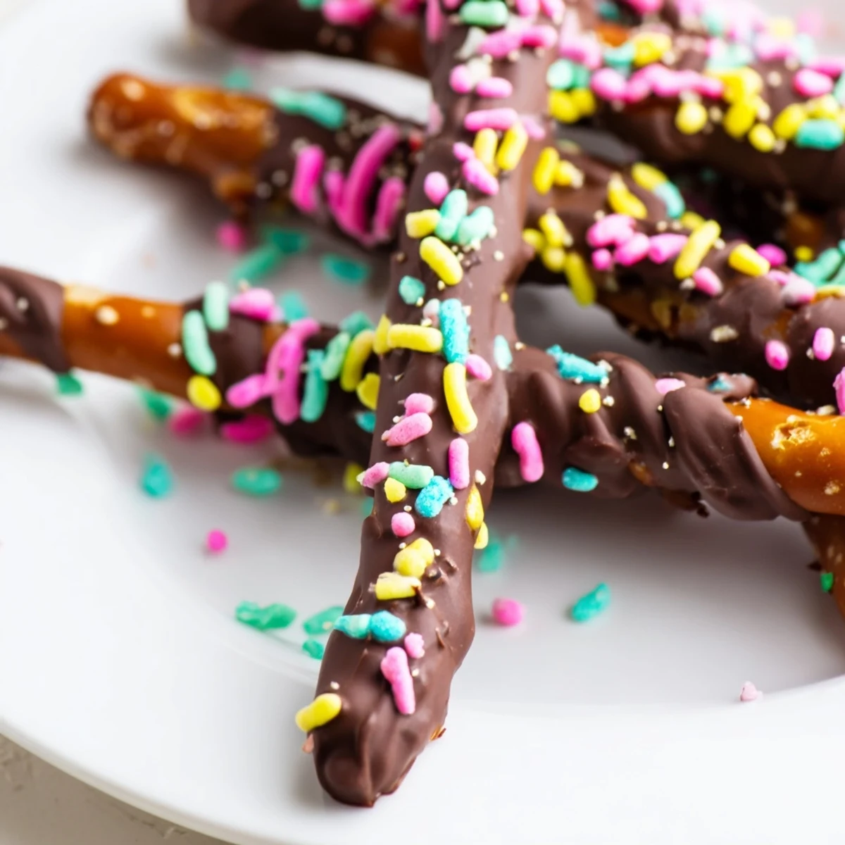 Pretzel rods dipped in glossy chocolate and topped with colorful Easter sprinkles