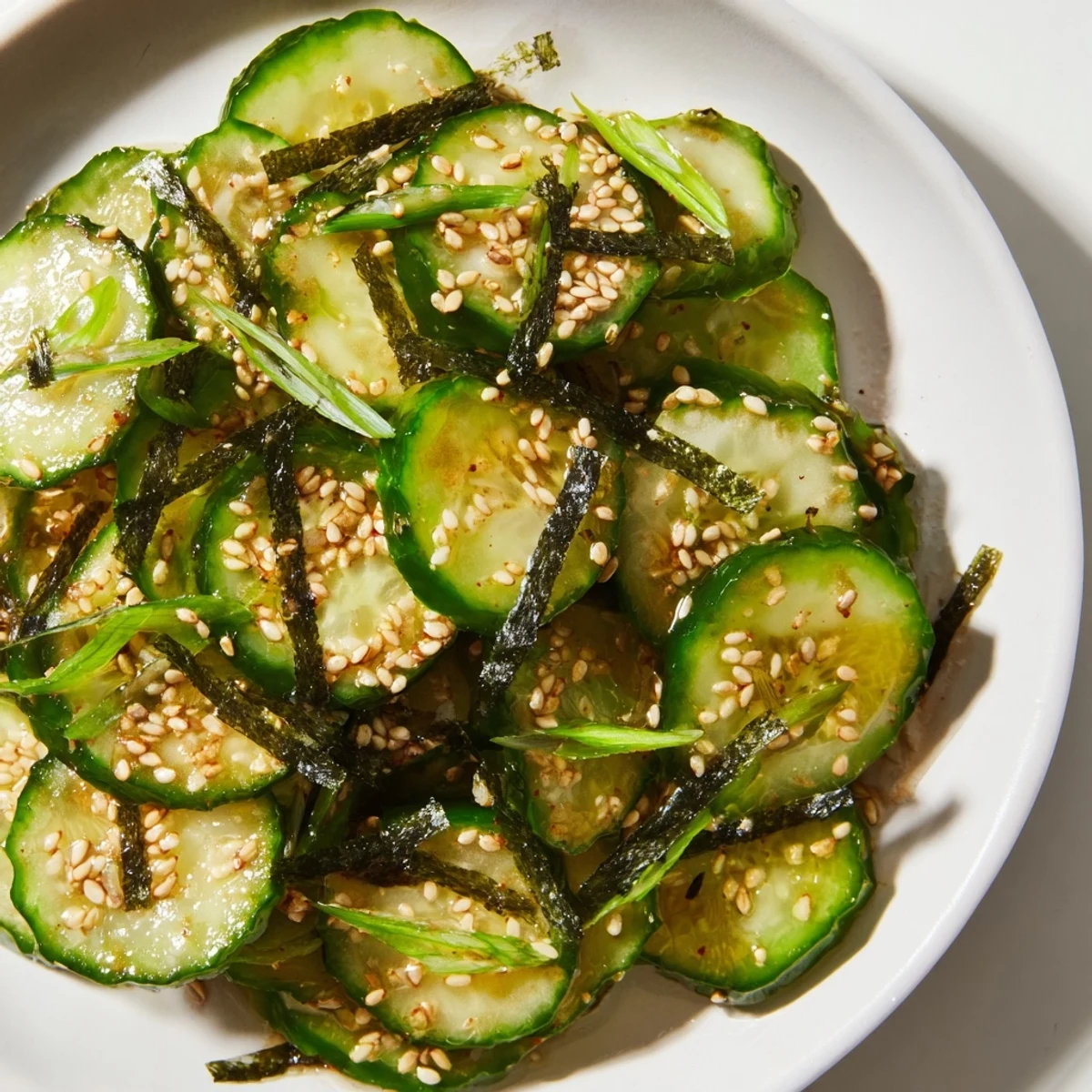 Crisp sushi cucumber salad glistening with rice vinegar dressing and toasted sesame seeds