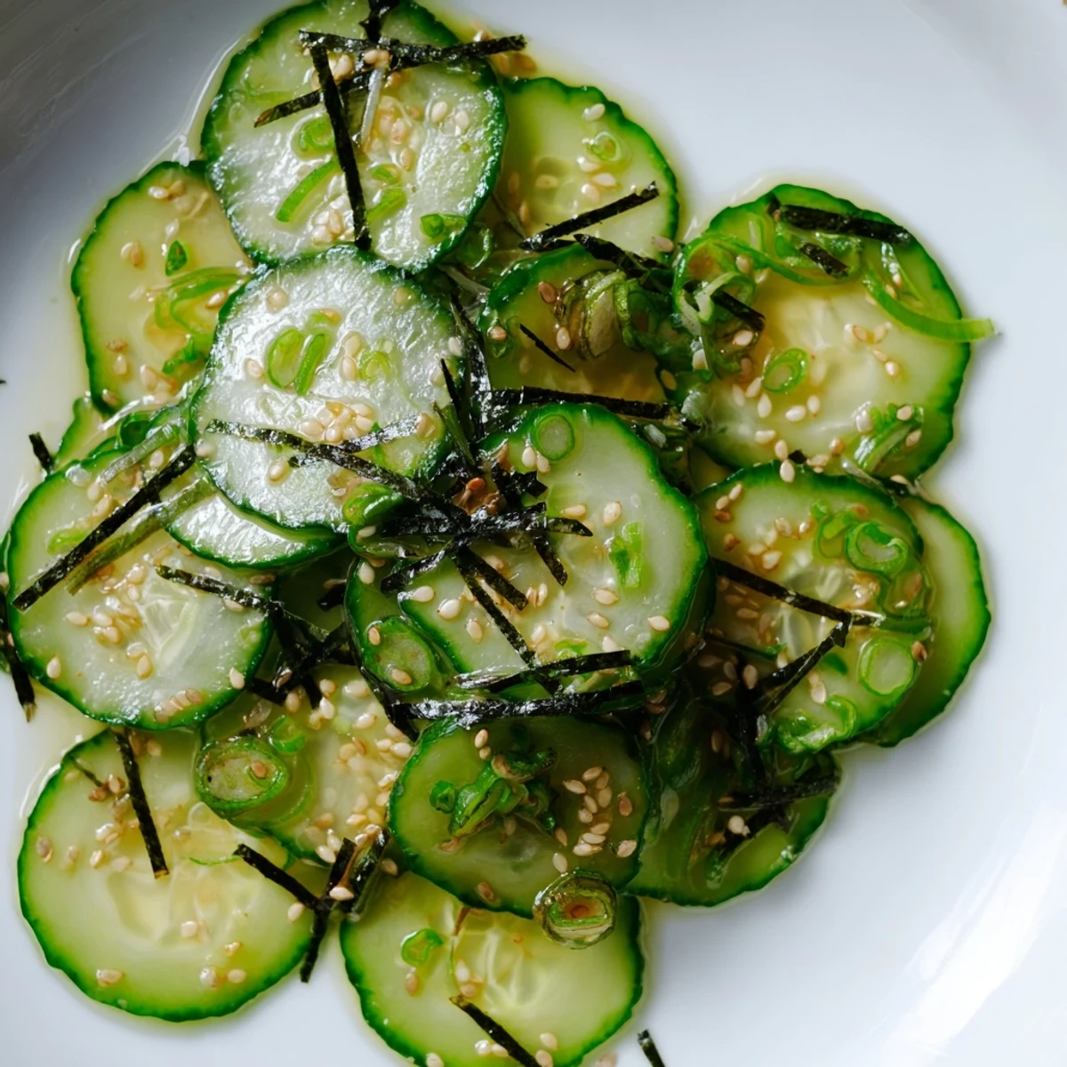 Thinly sliced cucumbers in sushi cucumber salad topped with nori strips and green onions