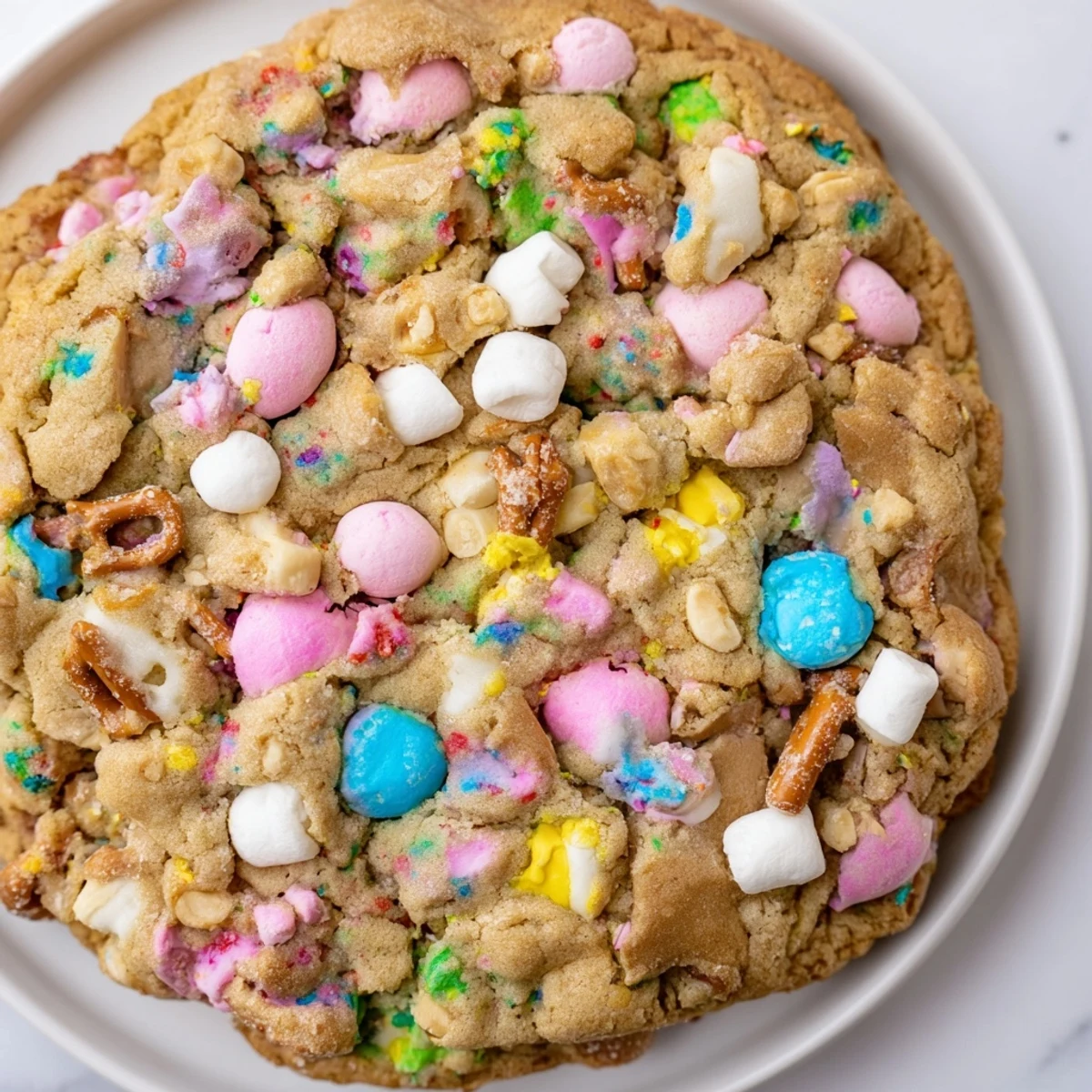 Colorful Easter Trash Cookies loaded with pastel candies and crunchy pretzels on rustic baking sheet
