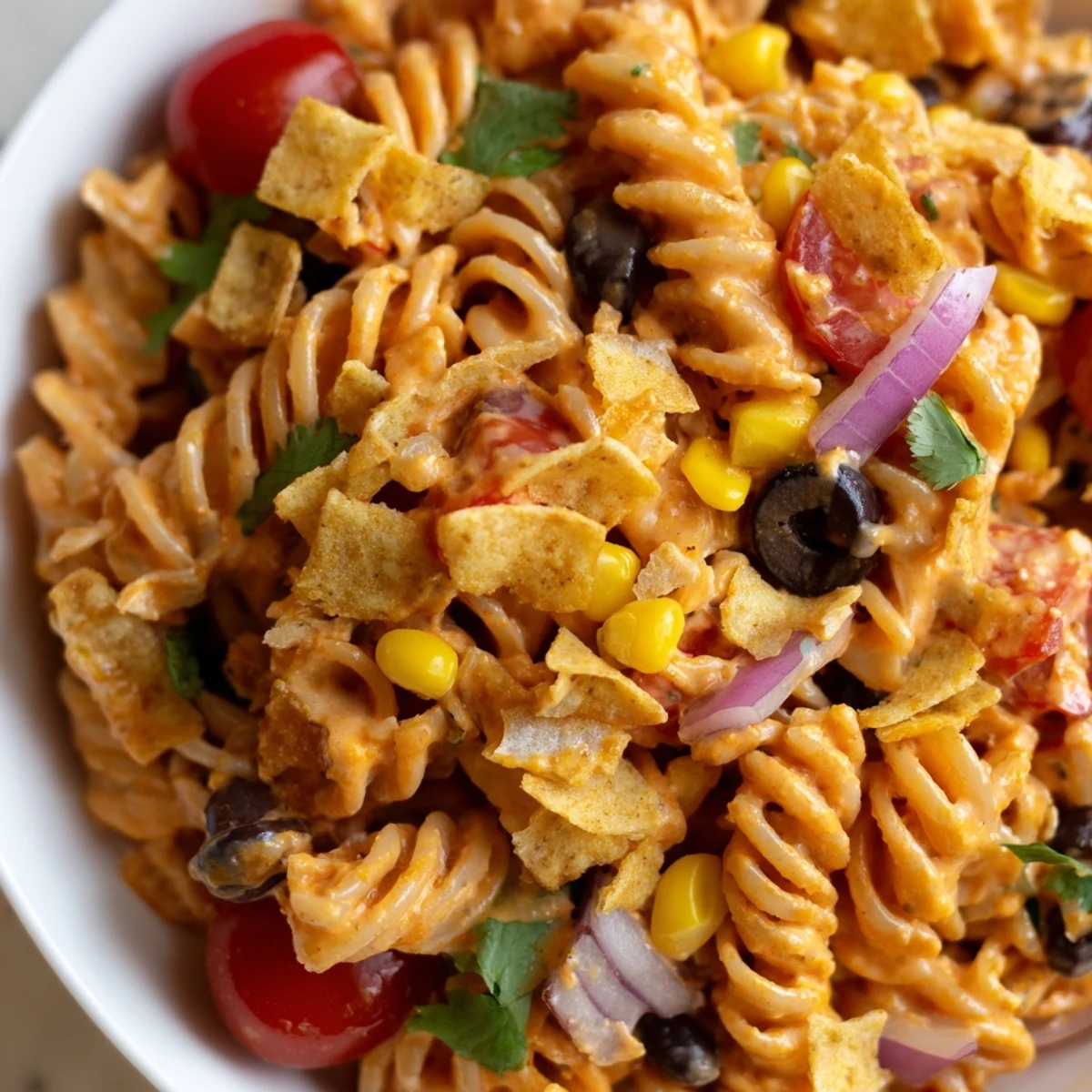 Colorful Taco Pasta Salad loaded with fresh vegetables and creamy dressing in a rustic serving bowl