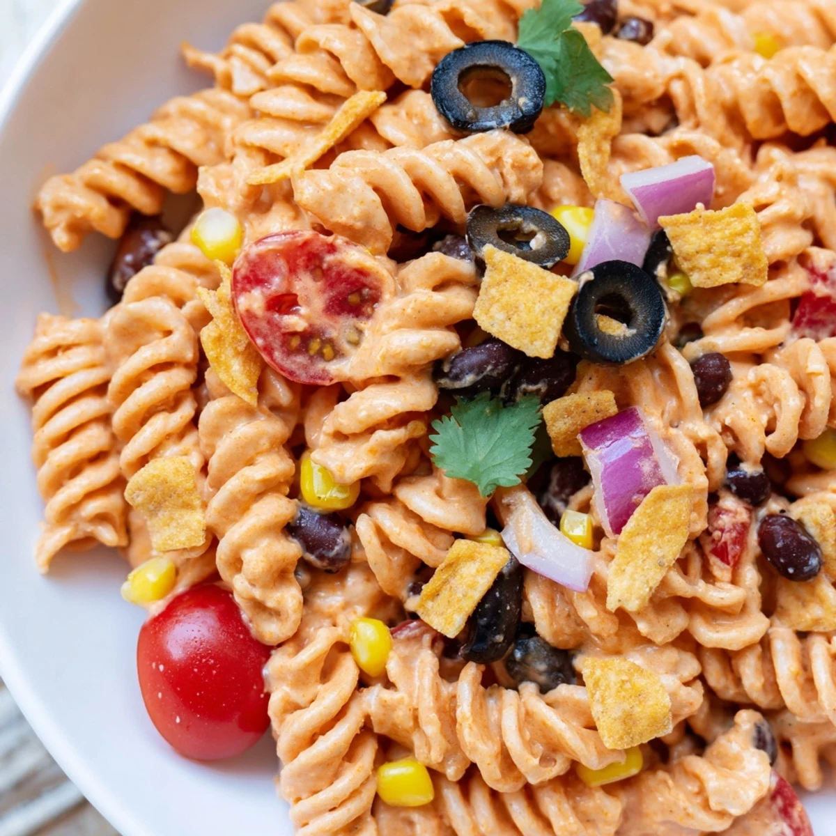 Taco Pasta Salad topped with crushed tortilla chips and melted cheddar cheese