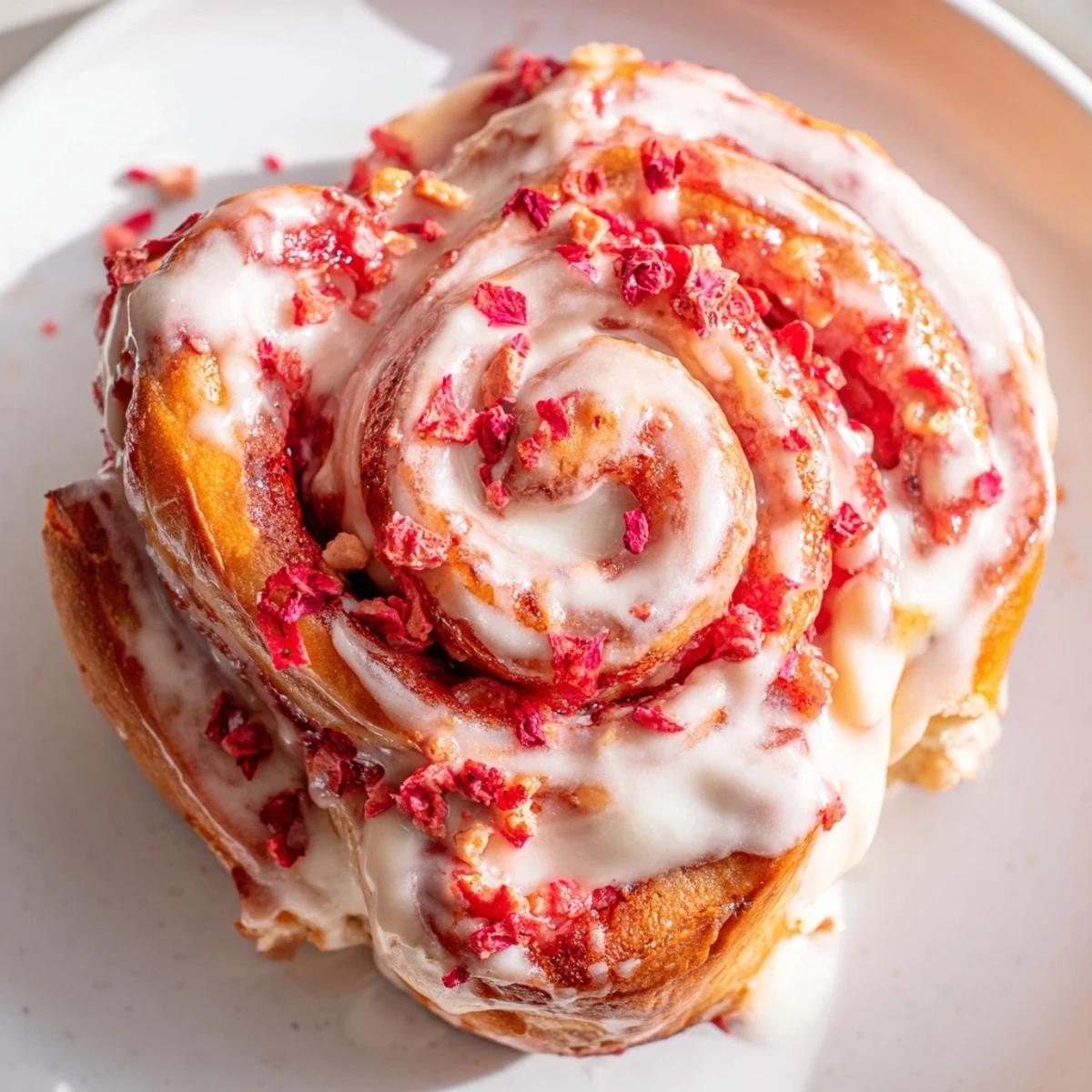 Fresh strawberry cheesecake Cinnabon rolls dripping with vanilla glaze on a white plate