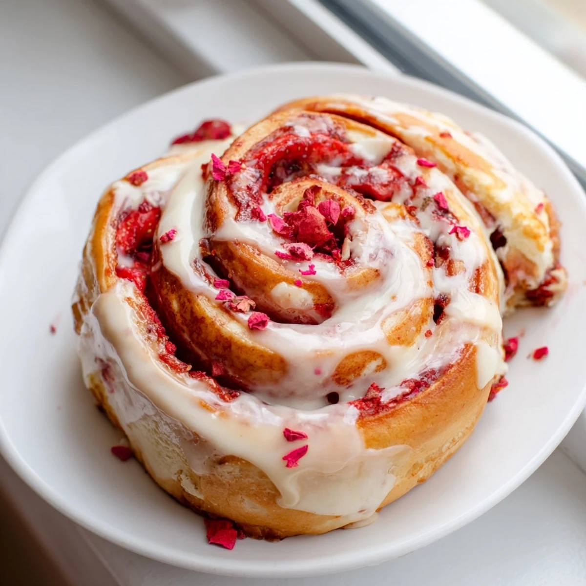 Golden strawberry cheesecake Cinnabon rolls swirled with cinnamon and topped with creamy icing