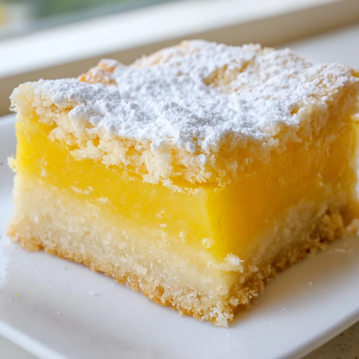 Golden lemon bars with powdered sugar dusting on a rustic white serving plate