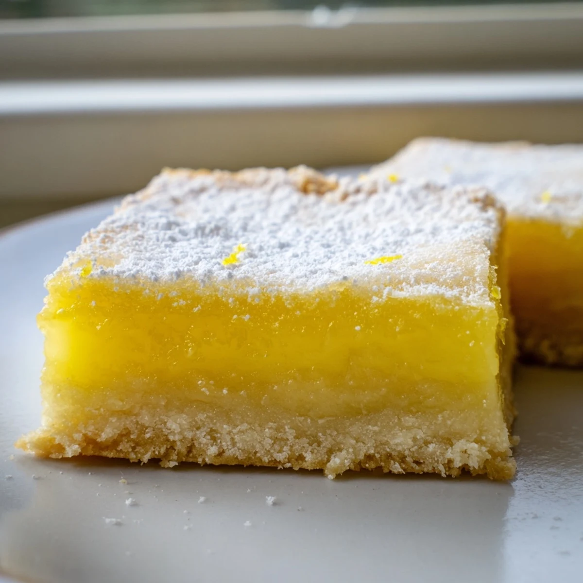 Bright yellow lemon bars topped with snowy powdered sugar arranged on a ceramic platter