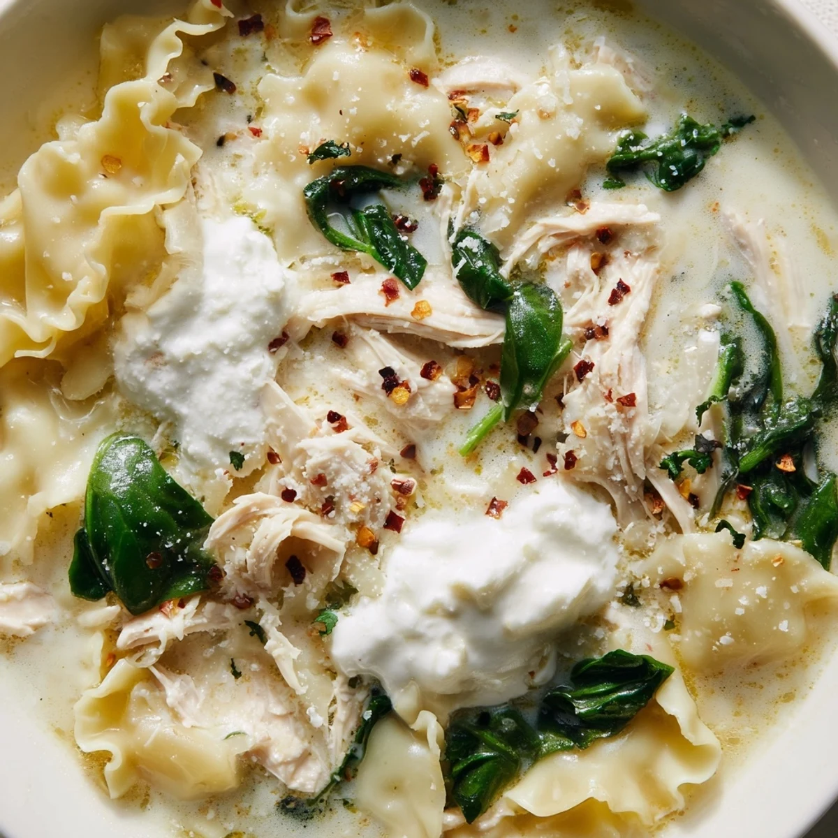 Creamy white lasagna soup loaded with tender chicken and melted cheeses in a bowl