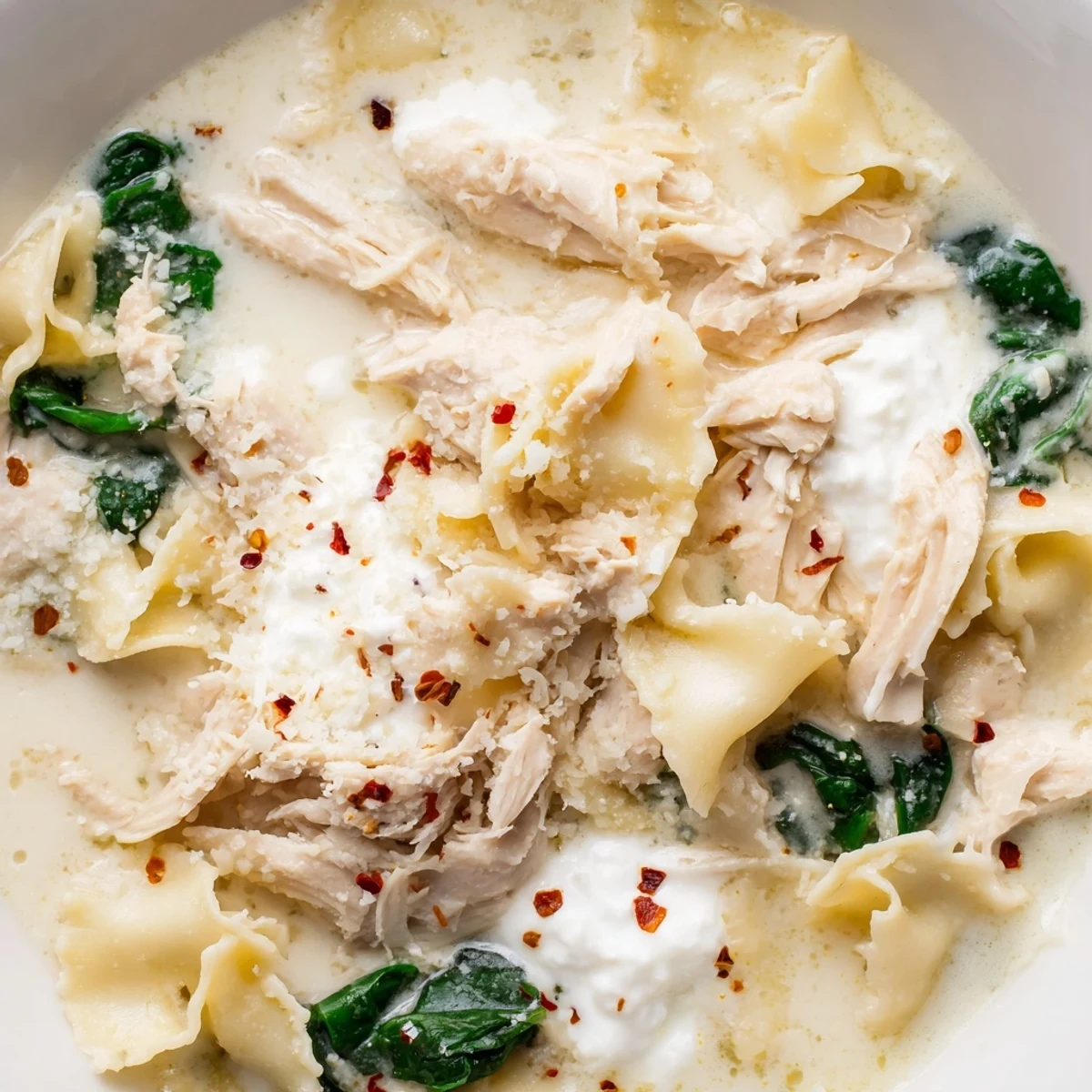 Steaming bowl of quick white lasagna soup topped with Parmesan and cracked pepper