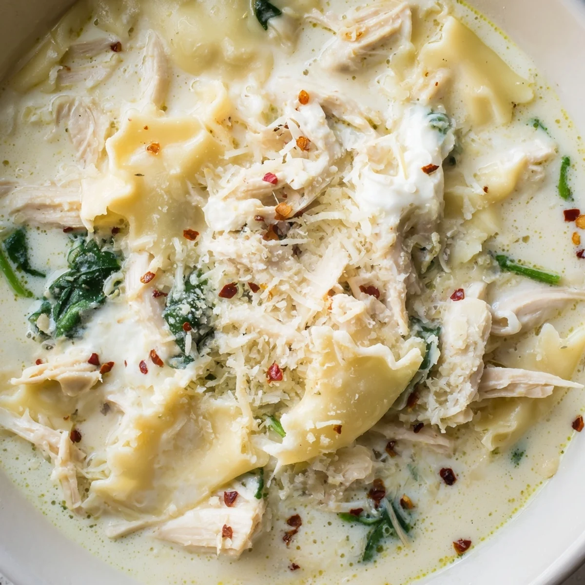 White lasagna soup with broken noodles baby spinach and gooey mozzarella served steamy