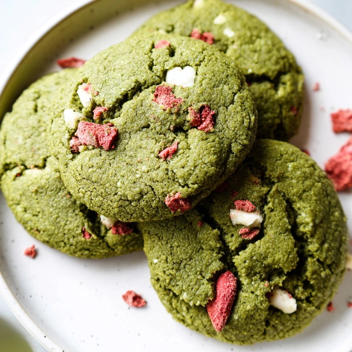 Soft strawberry matcha cookies with vibrant green dough and speckled red berry pieces