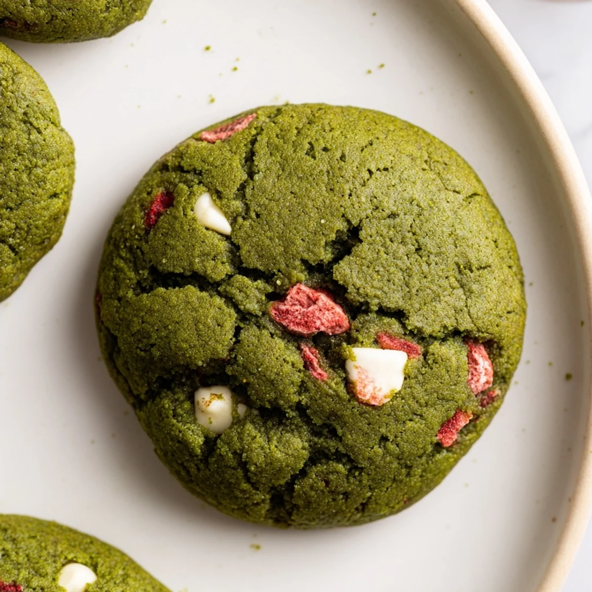 Chewy matcha cookies studded with ruby red strawberries cooling on a rustic baking sheet