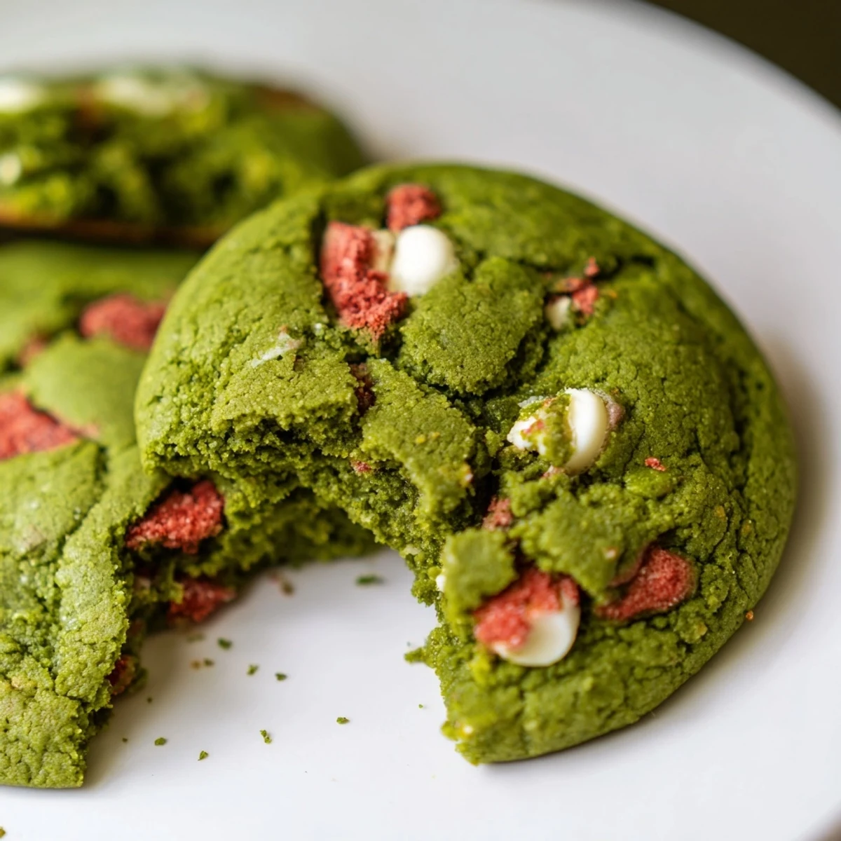 Golden-edged strawberry matcha cookies arranged on a white plate for a stunning dessert presentation