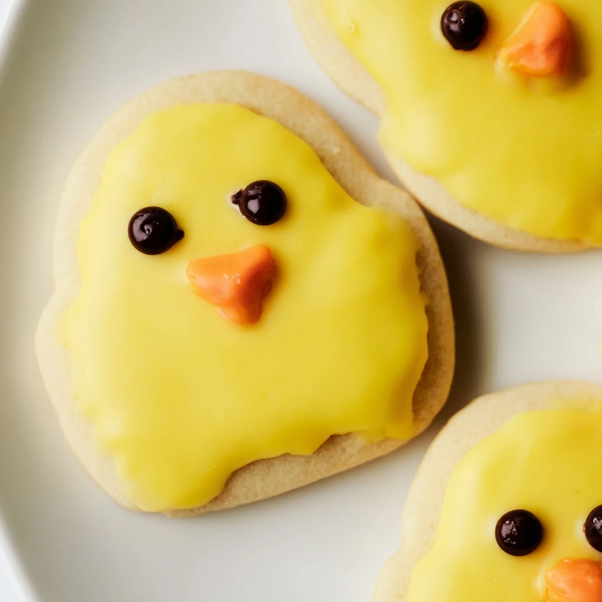 Adorable yellow chick cookies with cute faces arranged on a rustic white serving tray