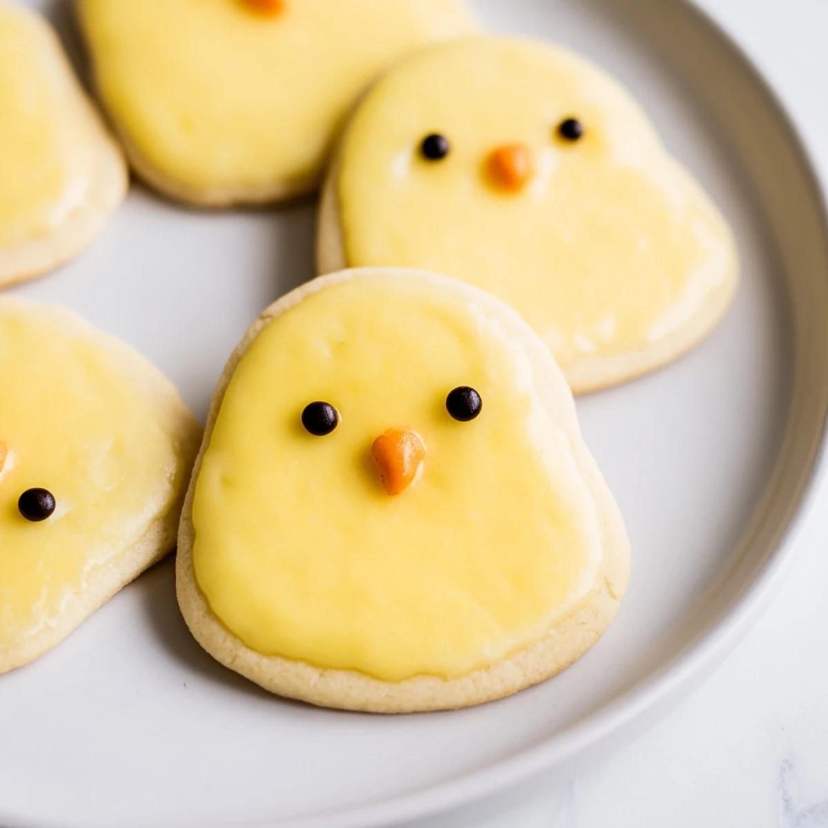Golden chick cookies decorated with chocolate chip eyes on a parchment-lined baking sheet