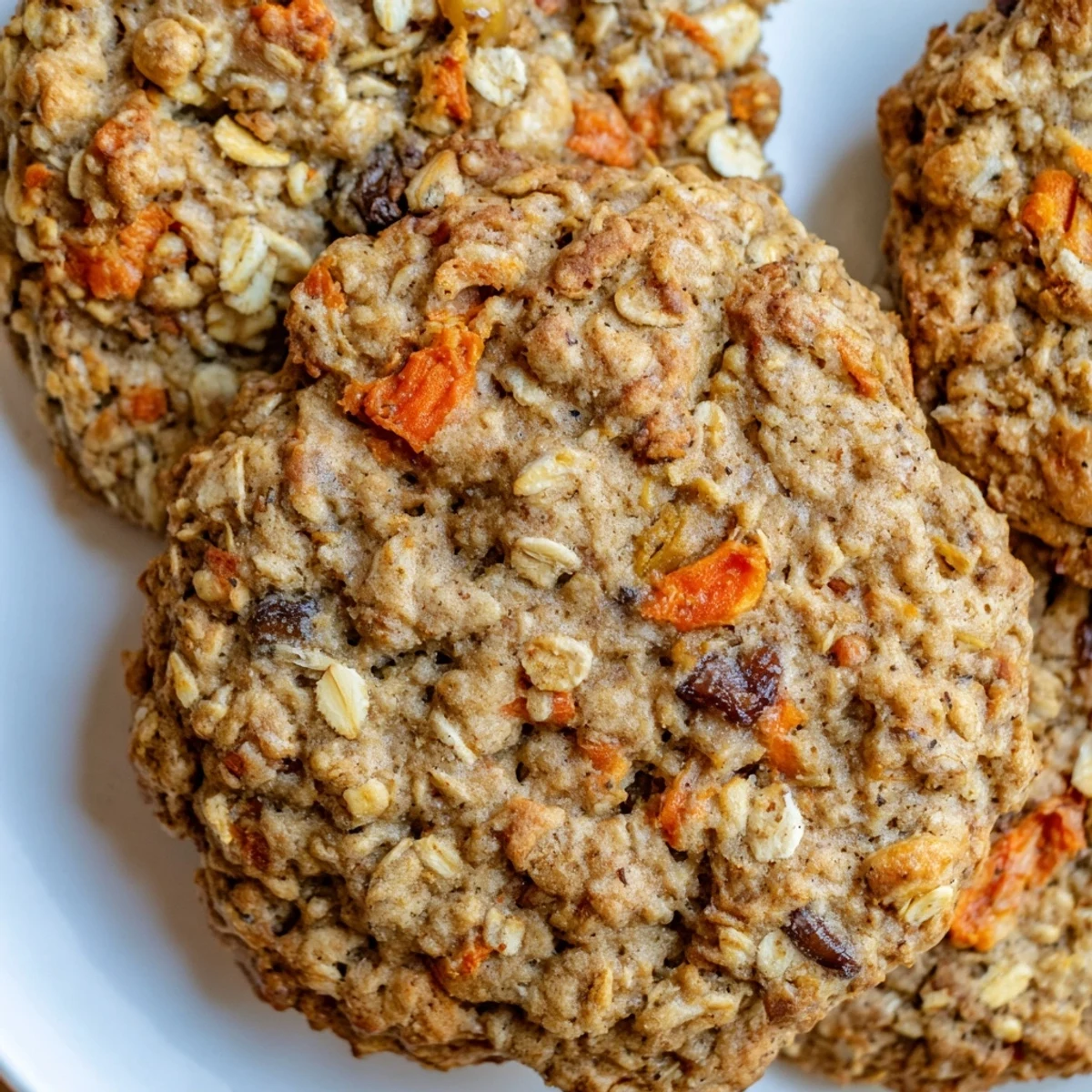 Chewy carrot cake cookies with visible oats and grated carrots on rustic baking sheet