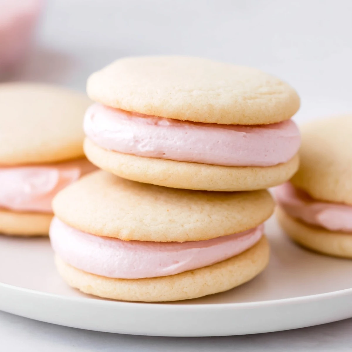 Pastel Sugar Cookie Sandwiches with swirled buttercream filling on a white ceramic plate