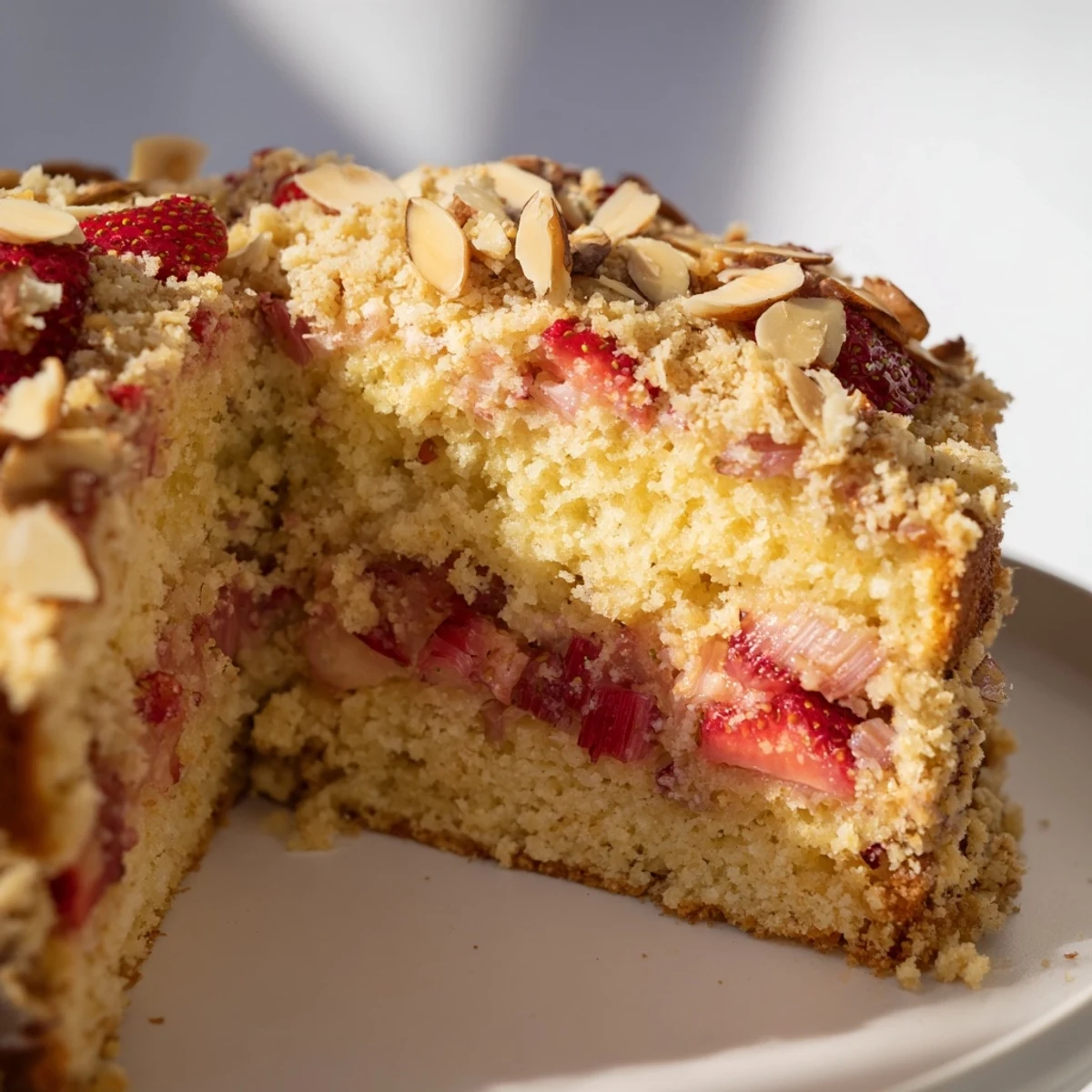 Golden lemon rhubarb cake with strawberry filling and crunchy almond streusel topping