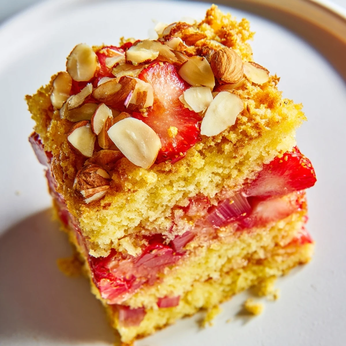 Tender lemon cake topped with bright rhubarb strawberries and buttery almond crumble
