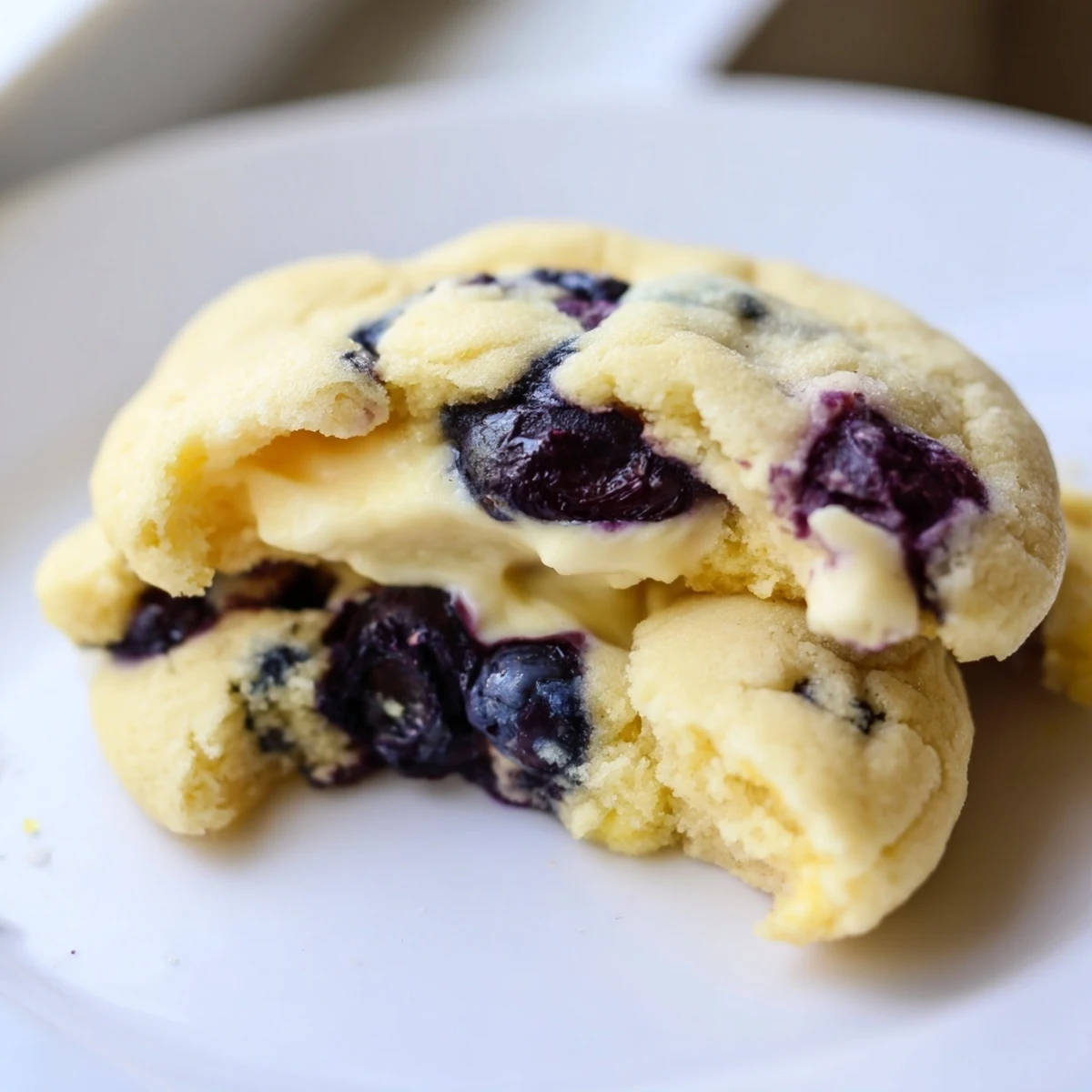 Soft lemon blueberry cheesecake cookies with golden edges and creamy centers on rustic parchment paper