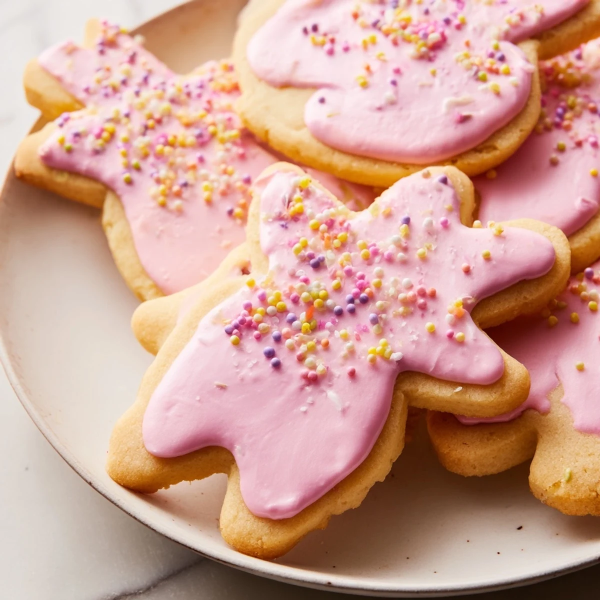 Soft Easter cookies with pastel royal icing and colorful sprinkles on a rustic serving plate
