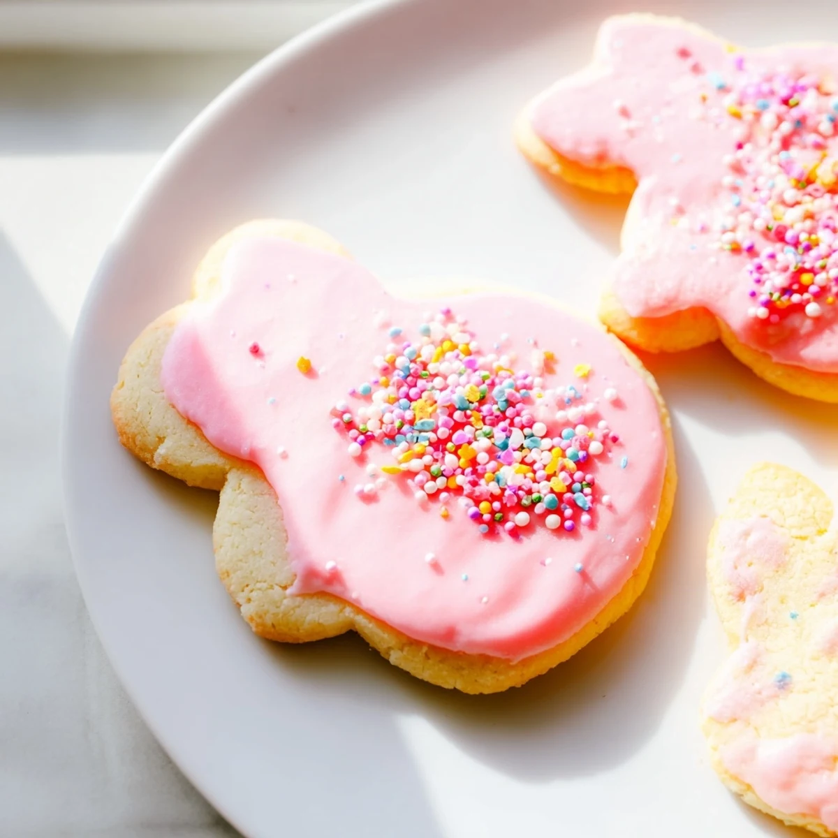 Buttery Easter cookies cut into egg and bunny shapes decorated with smooth vanilla frosting