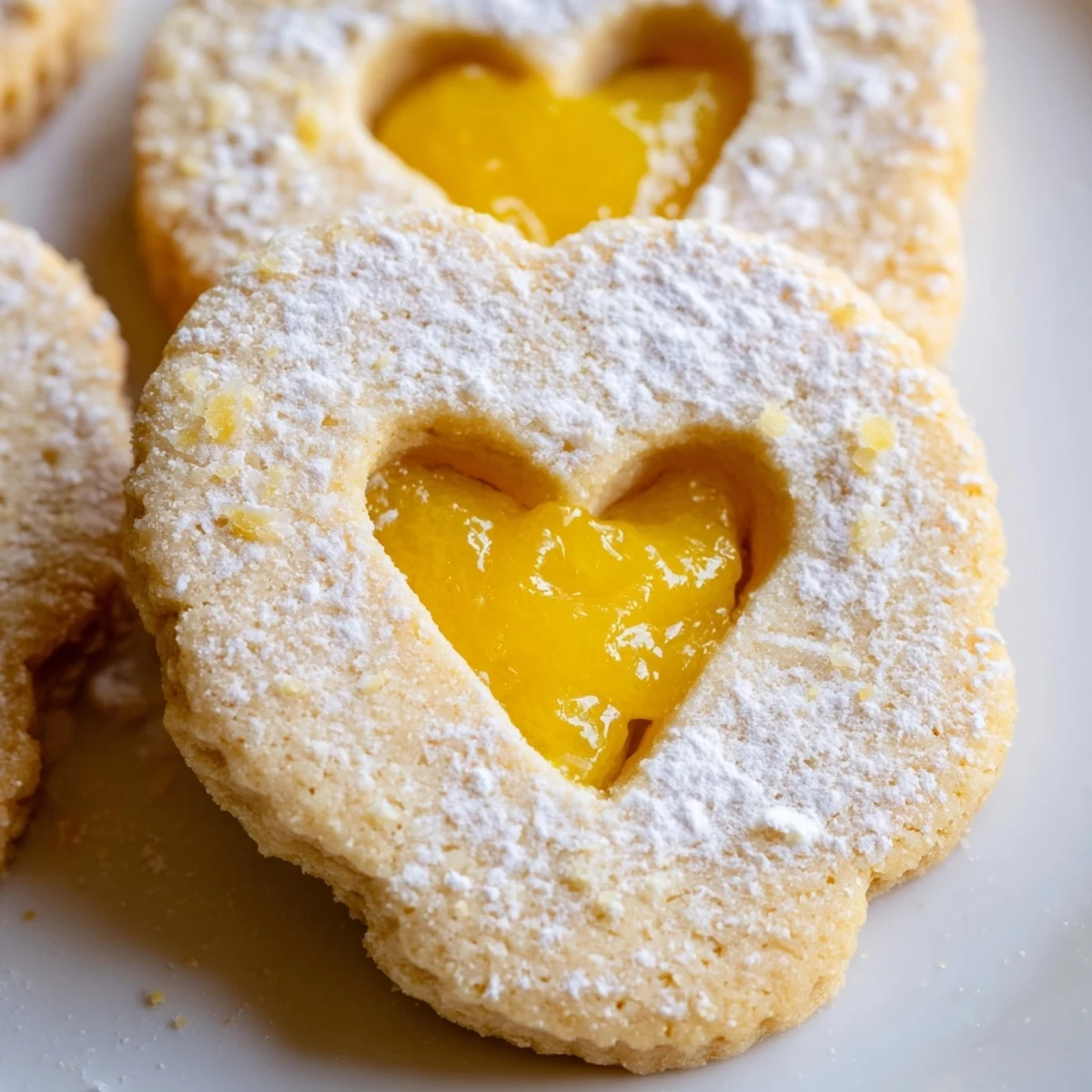 Delicate Meyer Lemon Curd Linzer Cookies with powdered sugar dusting and golden almond edges