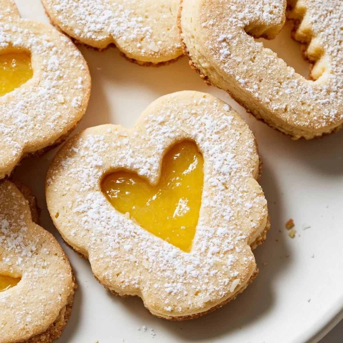 Sandwich cookies filled with tangy Meyer lemon curd peeking through decorative cutout windows