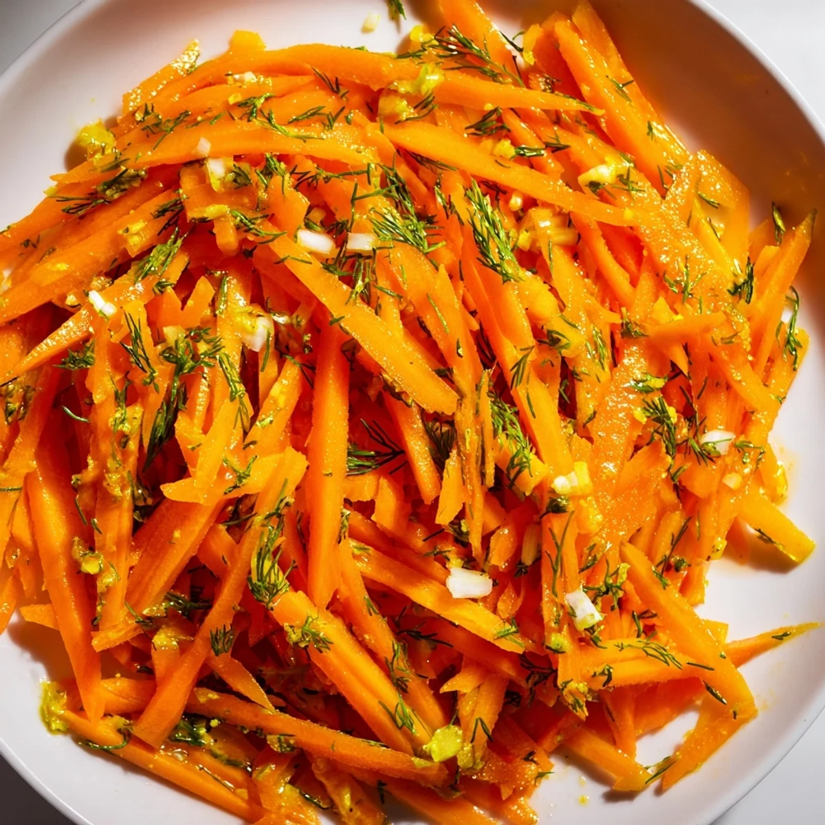 Crisp marinated carrot salad glistening with lemon dill dressing in a serving bowl