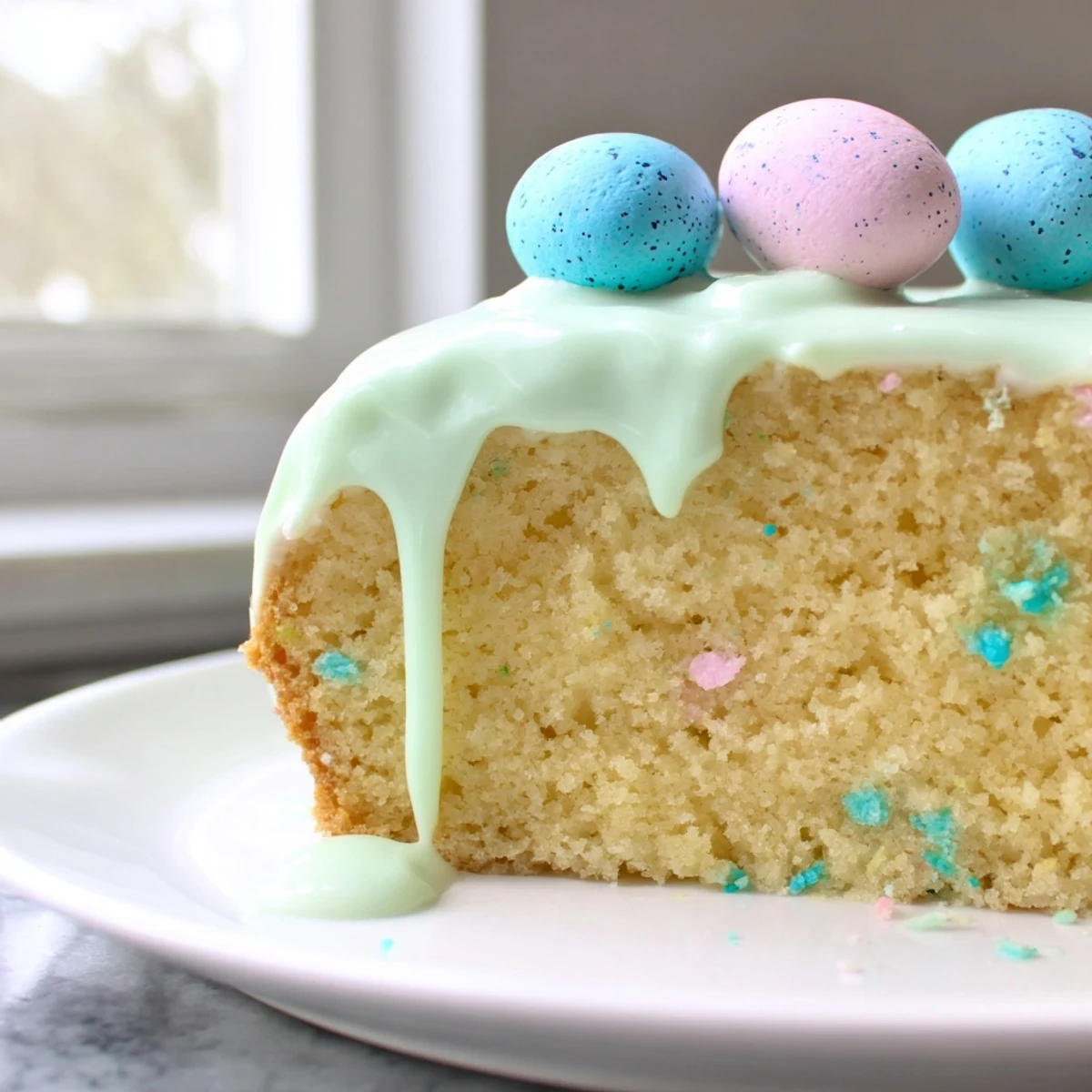 Robin Egg Snack Cake with pastel glaze and speckled candy eggs on a white serving plate