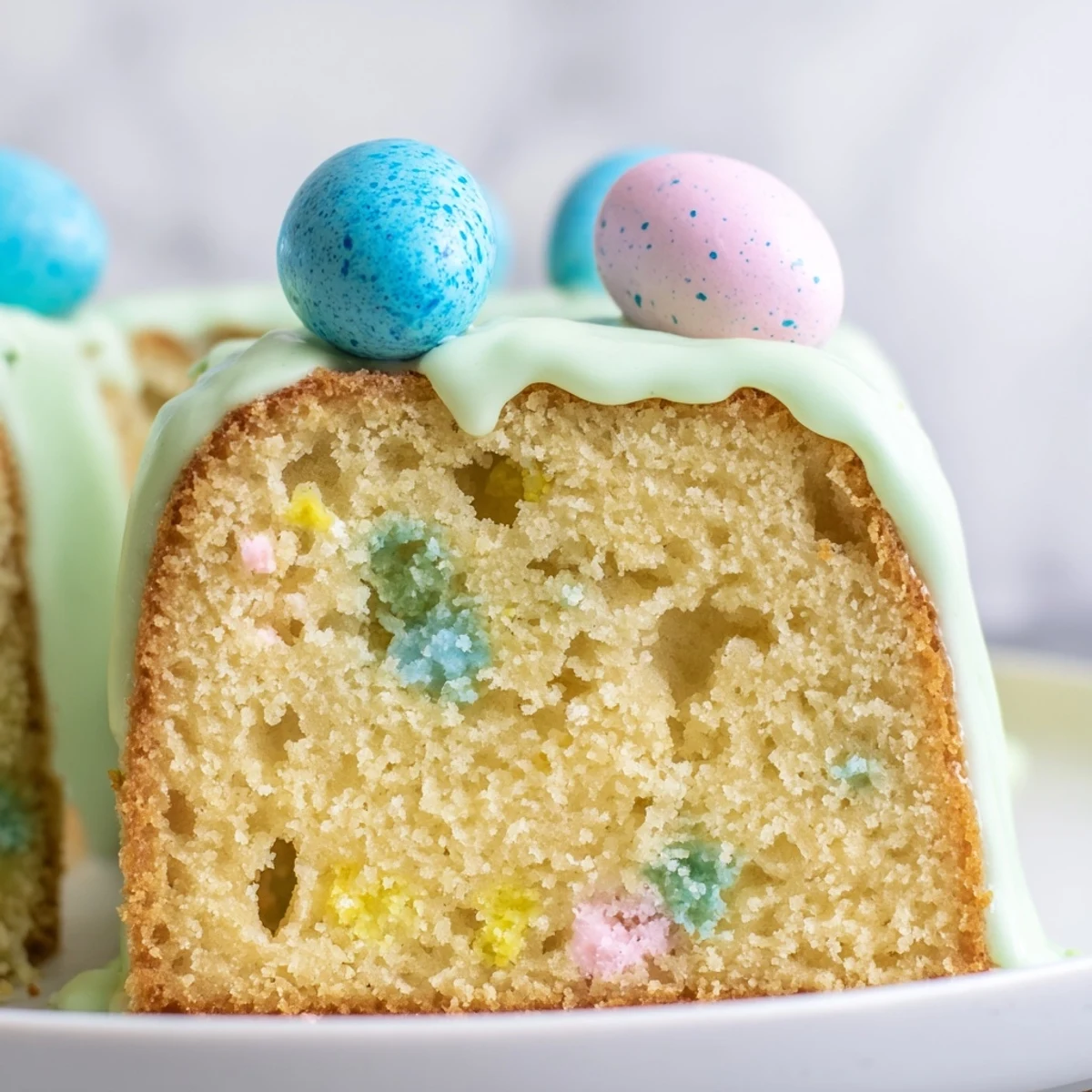 Tender vanilla Robin Egg Snack Cake topped with whole candy-coated chocolate eggs and drizzled icing