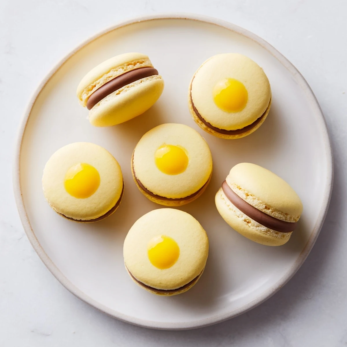 Cadbury Egg macarons with smooth chocolate filling sandwiched between delicate pale yellow almond shells