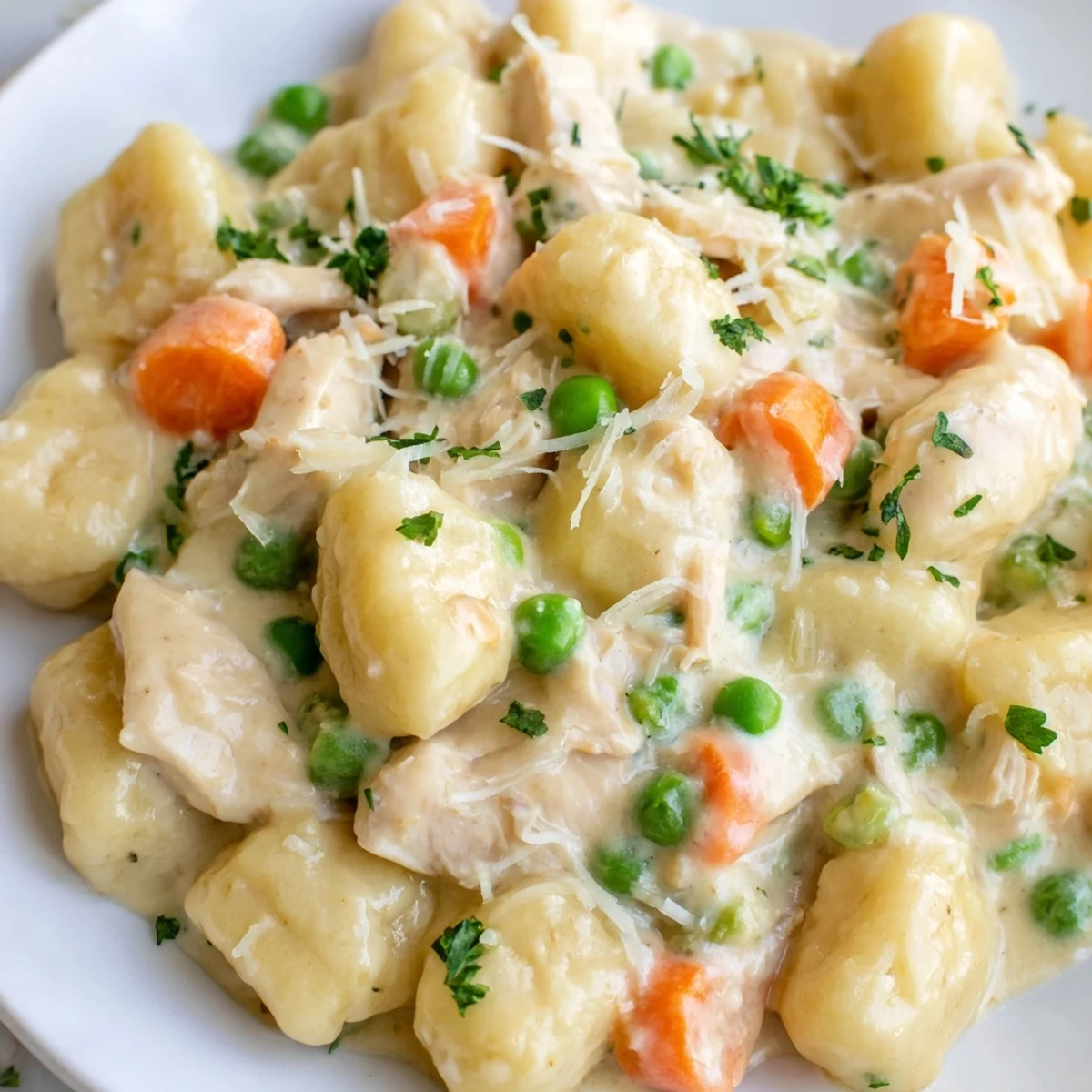 Creamy one pot gnocchi chicken pot pie with tender vegetables in golden savory sauce