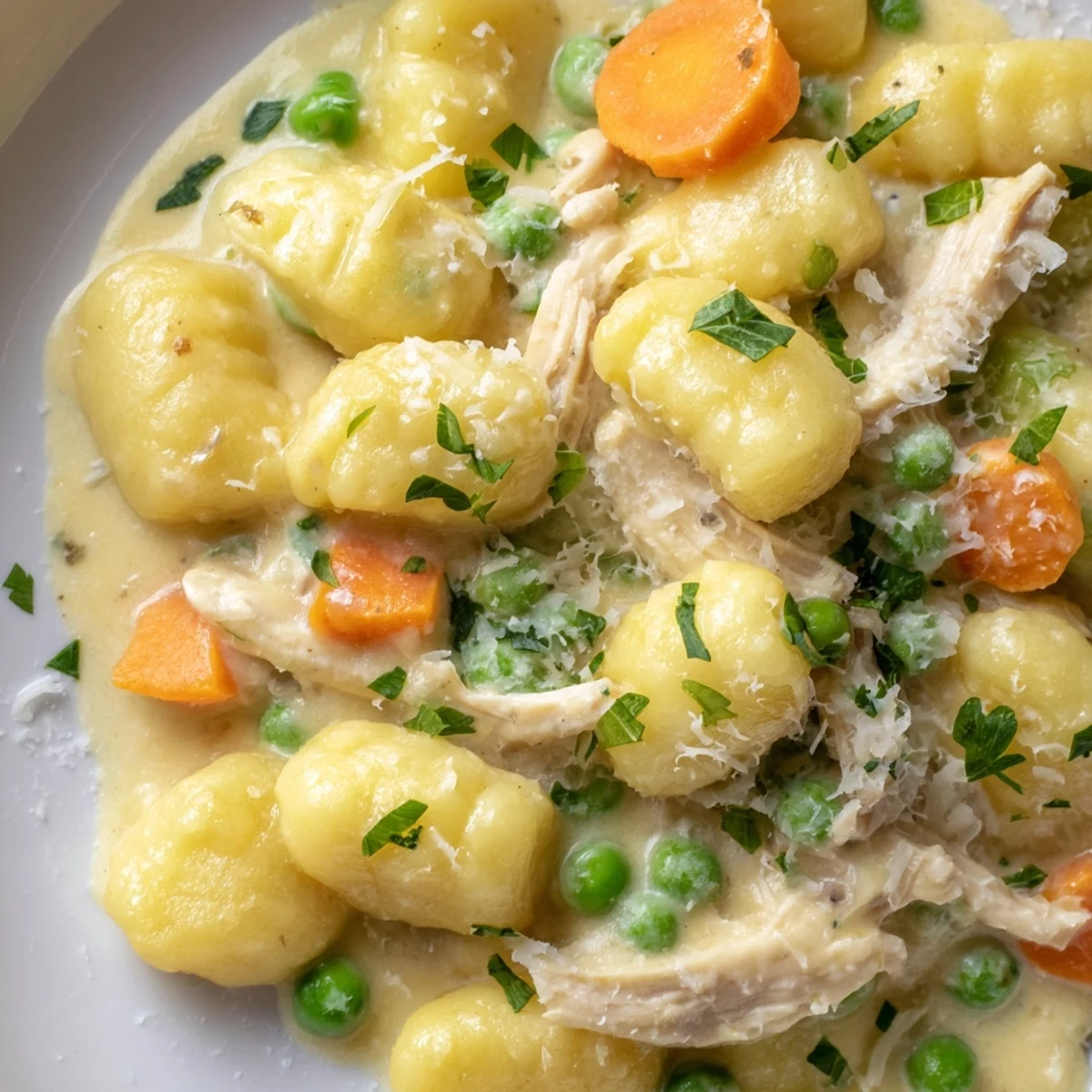 One pot gnocchi chicken pot pie topped with fresh parsley and melted Parmesan