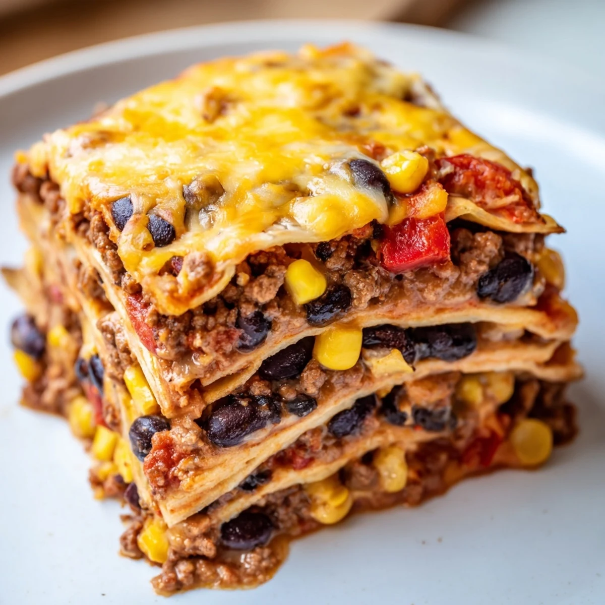 Golden bubbling Mexican lasagna with layers of seasoned beef, beans, and melted cheese