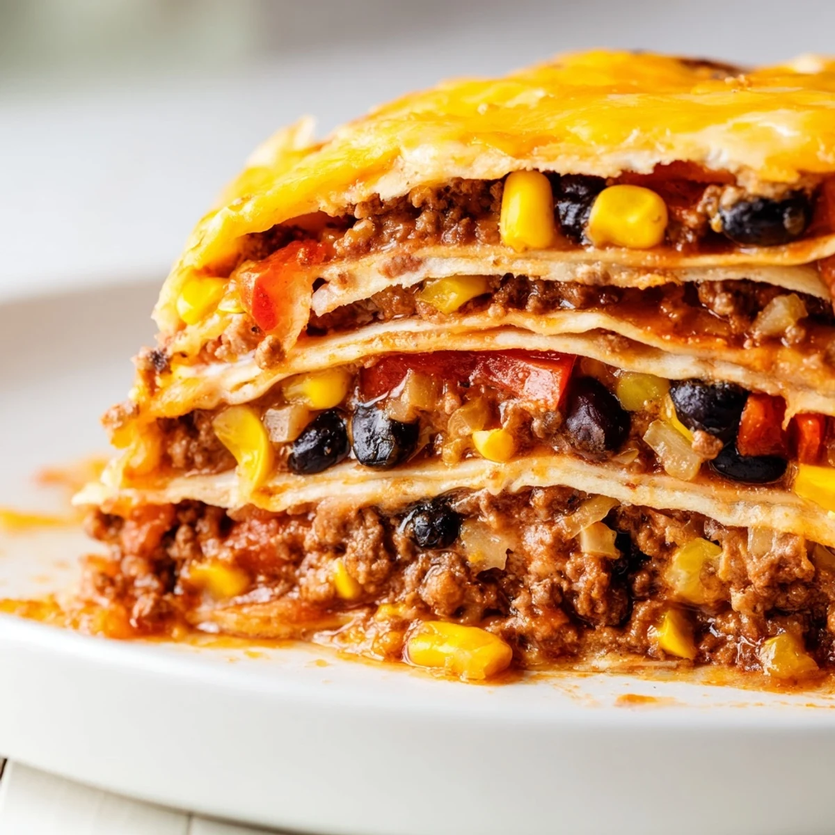 Mexican lasagna fresh from the oven with gooey cheese and colorful tortilla layers